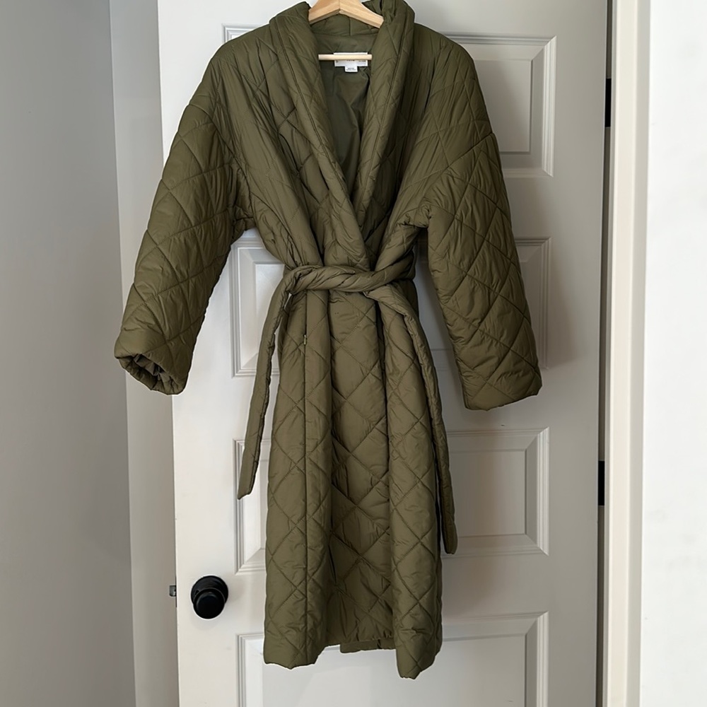 Mango quilted water repellent coat, olive, belted, XS